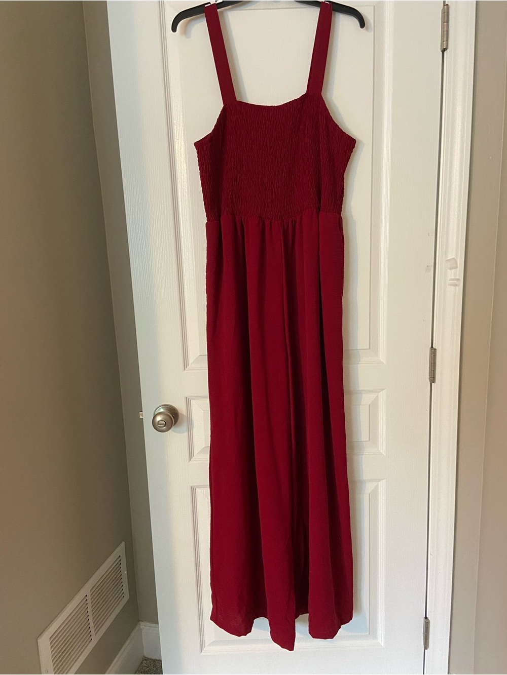 Red Smocked Bodice Jumpsuit with Wide Straps